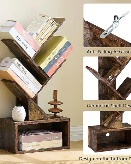 Hoctieon 3 Tier Tree Bookshelf, Small Bookcase with Drawer, Desktop Book Shelf, Display Floor Standing Storage Shelf, Book Organizer Shelves for Home Office, Rustic Brown - LeafyLoom