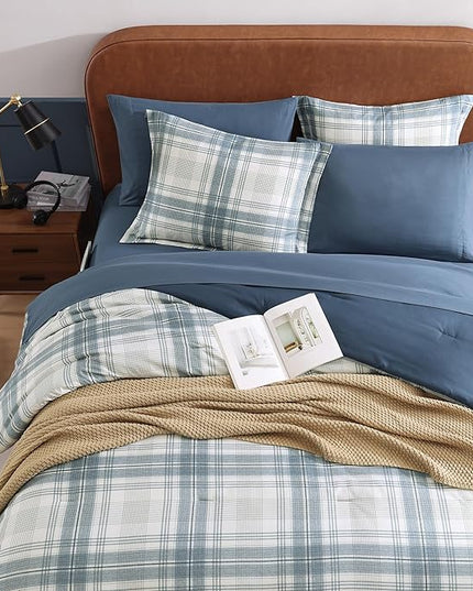Blue Comforters Queen Size, Plaid Queen Bed Set for Boys & Girls,Classic Homestead-style Queen Size Comforter Sets with Sheets and Comforter Set - LeafyLoom