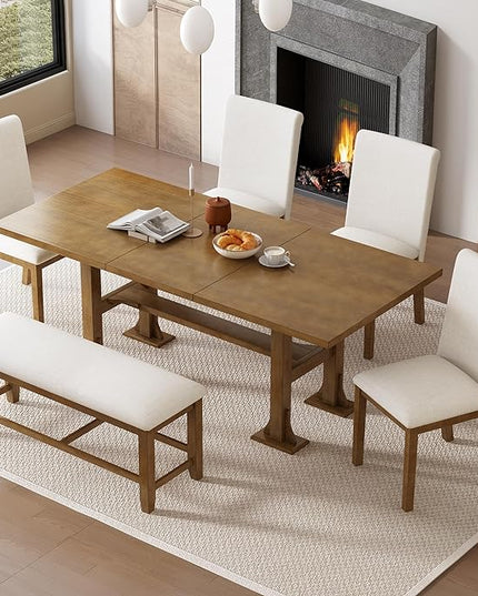 76Inch Dining Table Set for 6, Extendable Dining Table with 18inch Removable Leaf and Upholstered Dining Chair and Bench for Dining Room, Dark Brown - LeafyLoom