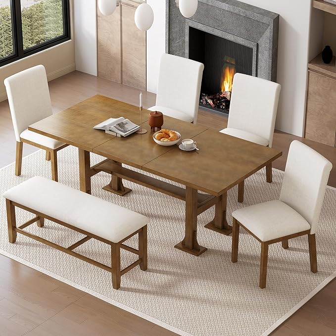 76Inch Dining Table Set for 6, Extendable Dining Table with 18inch Removable Leaf and Upholstered Dining Chair and Bench for Dining Room, Dark Brown - LeafyLoom