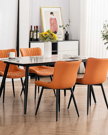 YOUTASTE Camel Dining Chairs Set of 2 Upholstered Mid Century Modern Kitchen Dining Room Chairs Armless Faux Leather Accent Chairs Metal Vanity Lounge Chair with Back for Living Room Bedrooms - LeafyLoom