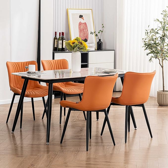 YOUTASTE Camel Dining Chairs Set of 2 Upholstered Mid Century Modern Kitchen Dining Room Chairs Armless Faux Leather Accent Chairs Metal Vanity Lounge Chair with Back for Living Room Bedrooms - LeafyLoom