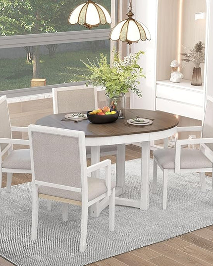 Table Set for 4 Two-Size Round to Oval Extendable Butterfly Leaf Wood Tabletop and 4 Upholstered Dining Chairs with Armrests for Home&Kitchen, Brown+White - LeafyLoom