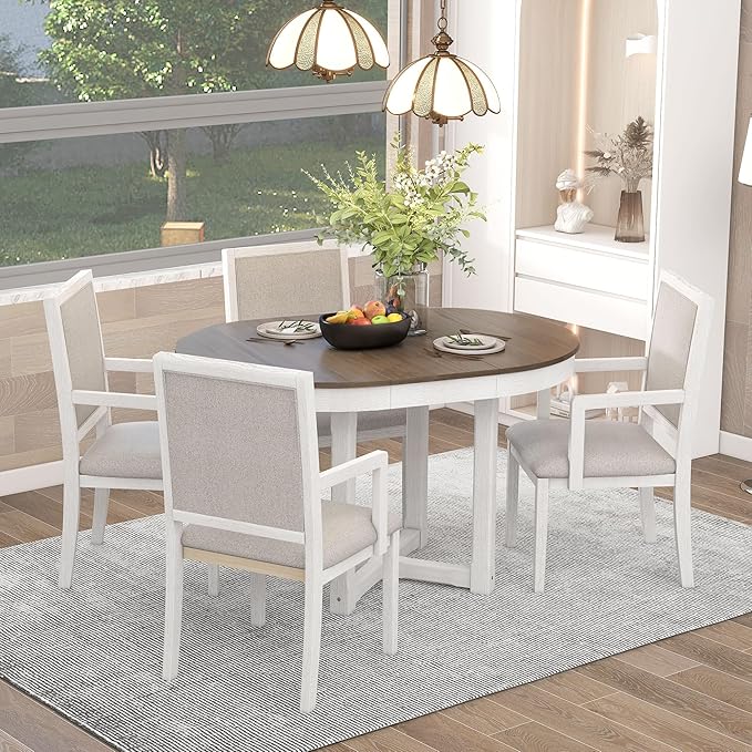 Table Set for 4 Two-Size Round to Oval Extendable Butterfly Leaf Wood Tabletop and 4 Upholstered Dining Chairs with Armrests for Home&Kitchen, Brown+White - LeafyLoom