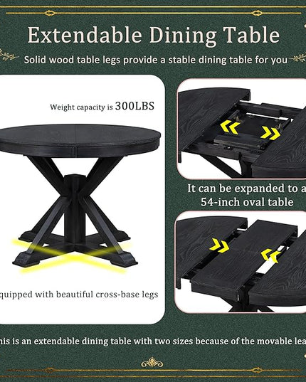 Small Dining Table Set for 4-6, Modern Round Extendable Table and Upholstered Chairs, X-Shaped Cross Base, Button Tufting Backrest, Retro Style Home Furniture for Small Spaces, Living Room - LeafyLoom