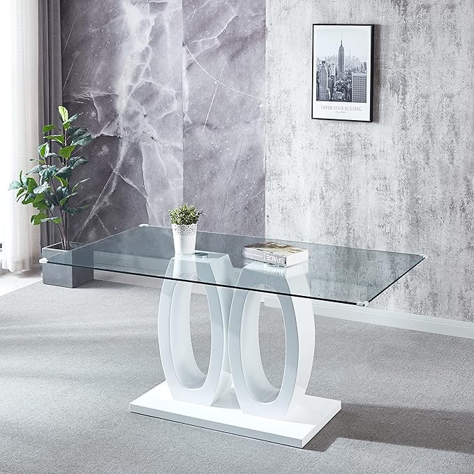 NicBex Modern Minimalist Rectangular Glass Dining Table Contemporary Double Pedestal Dining Table, Tempered Glass Top with MDF Base for Kitchen Dining Living Meeting Room Banquet Hall, White - LeafyLoom