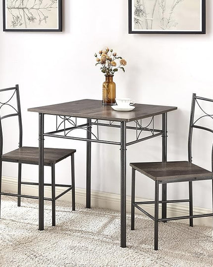 3-Piece Metal and Wood Indoor Modern Square Dining Table Furniture Set for Kitchen, Dining Room, Dinette, Breakfast Nook w/ 2Chairs - Gray - LeafyLoom