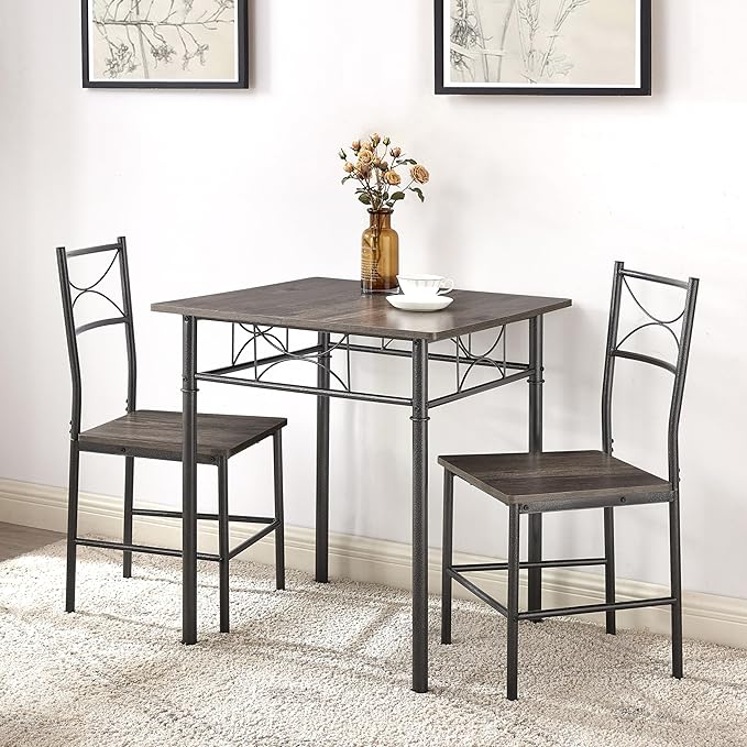 3-Piece Metal and Wood Indoor Modern Square Dining Table Furniture Set for Kitchen, Dining Room, Dinette, Breakfast Nook w/ 2Chairs - Gray - LeafyLoom