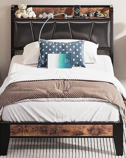 LIKIMIO Twin Bed Frame, Storage Headboard with Charging Station, Solid and Stable, Noise Free, No Box Spring Needed, Easy Assembly (Vintage and Black) - LeafyLoom