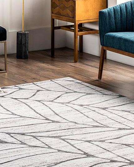 nuLOOM Lanette Abstract Leaves Machine Washable Ultra Thin Area Rug, 3' x 5', Light Grey - LeafyLoom