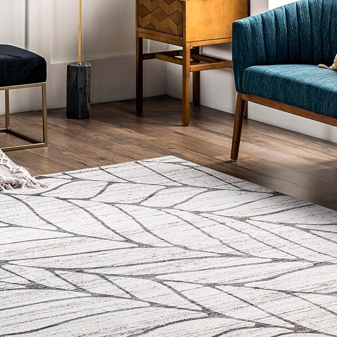 nuLOOM Lanette Abstract Leaves Machine Washable Ultra Thin Area Rug, 3' x 5', Light Grey - LeafyLoom