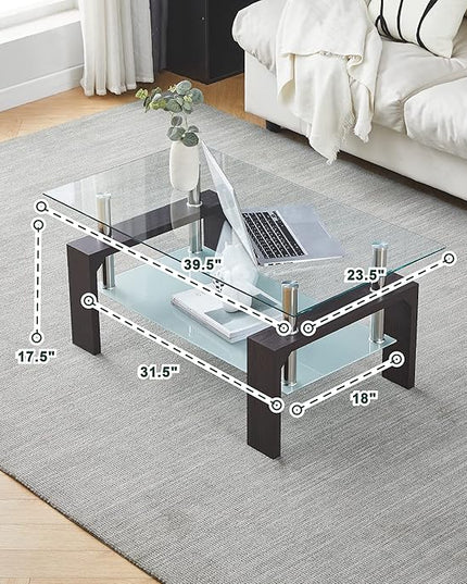 Walnut Rectangular Coffee Table, 39.5in x 23.5in x 17.5in, Glass Tabletop with Lower Shelf, Adjustable Bottom Corners - LeafyLoom