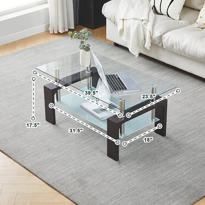 Walnut Rectangular Coffee Table, 39.5in x 23.5in x 17.5in, Glass Tabletop with Lower Shelf, Adjustable Bottom Corners - LeafyLoom