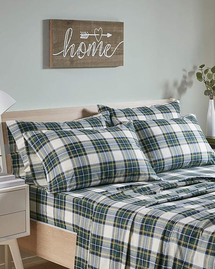 Comfort Spaces Cotton Flannel Breathable Warm Deep Pocket Sheets with Pillow Case Bedding, King, Green Plaid Scottish Plaid 4 Piece - LeafyLoom