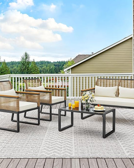 YITAHOME Patio Furniture Wicker Outdoor Bistro Set, 4-Piece All Weather Rattan Conversation Loveseat for Backyard, Balcony and Deck with Wooden Armrest, Gray Cushions and Metal Coffee Table - LeafyLoom
