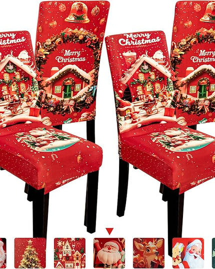 4PCS Christmas Dining Chair Covers Stretch Removable Washable Dining Room Chair Protector Slipcovers Santa Claus House Wreaths Kitchen Chair Cover Slipcover Protector for Xmas Holiday Party Home Décor CZL