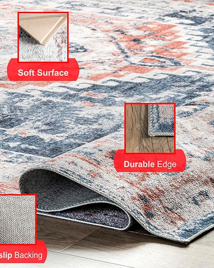 nuLOOM Evette Traditional Medallion Machine Washable Ultra Thin Area Rug, 5' x 8', Navy - LeafyLoom