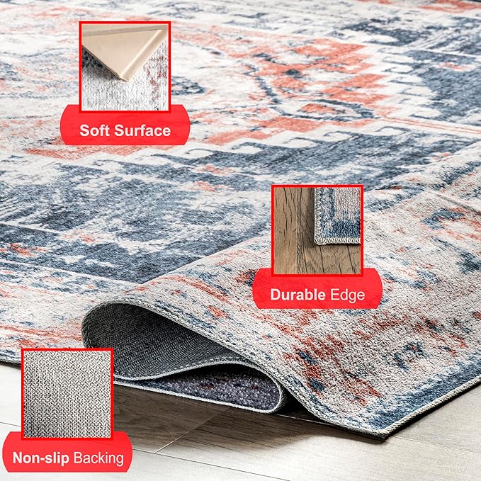 nuLOOM Evette Traditional Medallion Machine Washable Ultra Thin Area Rug, 5' x 8', Navy - LeafyLoom