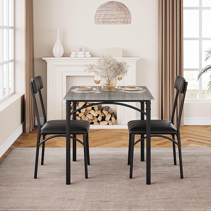 GAOMON Dining Table Set for 2, Kitchen Table and Chairs for 2 with Upholstered Chairs, 3 Piece Dining Room Table Set, Square Kitchen Table Set for Small Space, Apartment, Studio, Rustic Gray - LeafyLoom