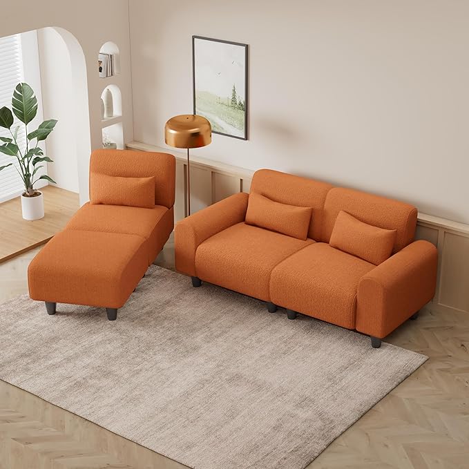 NicBex Sectional Couch Sofa with Lounge Chair Polyester Modern L Shaped Cloud Couch for Living Room Furniture Sets with Waist Pillows, Modular Sofa for Living Room, Bedroom, Apartment, 84.6"L, Orange - LeafyLoom