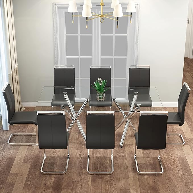 Dining Chairs Set, Kitchen Modern Metal Chairs with Faux Leather Padded Seat High Back and Sturdy Chrome Legs, Chairs for Dining Room (Grey, Set of 8) - LeafyLoom