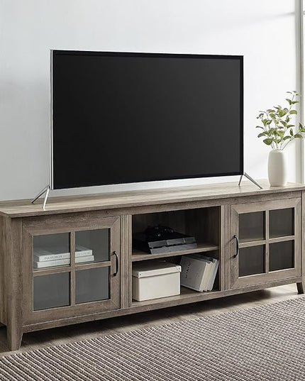 Walker Edison Portsmouth Classic 2 Glass Door TV Stand for TVs up to 80 Inches, 70 Inch, Grey Wash & Rustic Wood Farmhouse Entryway Accent Table with Storage Drawer Entry Table Living Room - LeafyLoom