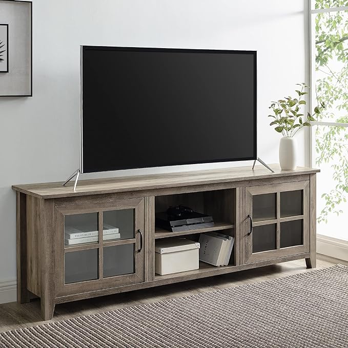 Walker Edison Portsmouth Classic 2 Glass Door TV Stand for TVs up to 80 Inches, 70 Inch, Grey Wash & Rustic Wood Farmhouse Entryway Accent Table with Storage Drawer Entry Table Living Room - LeafyLoom