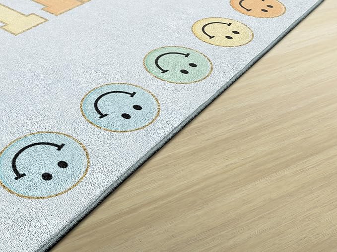 Flagship Carpets Schoolgirl Style This is Our Happy Place on Blue Educational Area Rug for Kids Room Seating Décor, Children's Classroom, Play Carpet for Teaching and Playroom, 7'6" x 12' - LeafyLoom