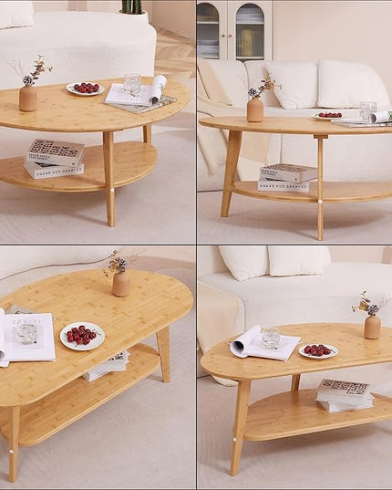 Mid Century Modern Coffee Table with Storage Shelf, Large Oval Coffee Table for Living Room 41.5" W x 22'' D x 18 H 100% Solid Wood Table for House Apt Desktop Thickness 0.8'' Super Sturdy - LeafyLoom