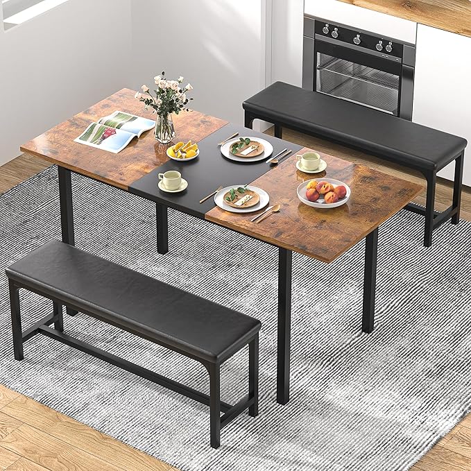 VECELO 3-Piece 63" Extendable Kitchen Table with Benches/Chairs Modern Breakfast Dinette/Dining Room Set for 4/6/2, Small Space Saving Design, Easy Assembly, Retro - LeafyLoom