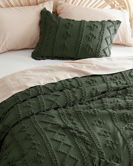 Bedsure Tufted Boho Comforter Set Full - Olive Green Boho Bedding Comforter Set, 3 Pieces Farmhouse Shabby Chic Embroidery Bed Set, Soft Jacquard Comforter for All Seasons - LeafyLoom