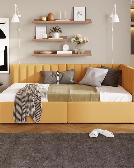 Twin Size Upholstered Daybed with 2 Storage Drawers,Solid Wood Sofa Bed Frame W/Linen Fabric Backrest,No Box Spring Needed,for Living Room Bedroom Apartment Yellow - LeafyLoom
