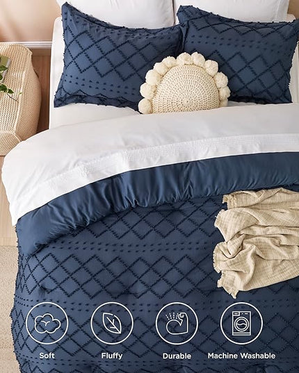 Bedsure California King Comforter Set - Navy Comforter, Boho Tufted Shabby Chic Bedding Comforter Set, 3 Pieces Farmhouse Bed Set for All Seasons, Fluffy Soft Bedding Set with 2 Pillow Shams - LeafyLoom