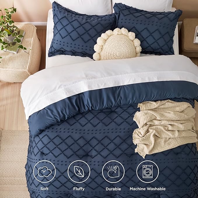 Bedsure California King Comforter Set - Navy Comforter, Boho Tufted Shabby Chic Bedding Comforter Set, 3 Pieces Farmhouse Bed Set for All Seasons, Fluffy Soft Bedding Set with 2 Pillow Shams - LeafyLoom