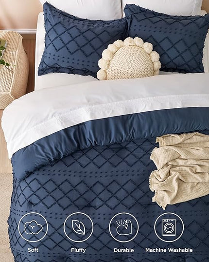 Bedsure Queen Comforter Set - Navy Blue Comforter, Boho Tufted Shabby Chic Bedding Comforter Set, 3 Pieces Vintage Farmhouse Bed Set for All Seasons, Fluffy Soft Bedding Set with 2 Pillow Shams - LeafyLoom