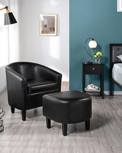 Yaheetech Accent Chair with Ottoman Set, Modern Faux Leather Upholstered Soft Barrel Chair and Footrest, Club Armchair and Footstool for Living Room/Bedroom/Reading Room/Guest Room, Black - LeafyLoom