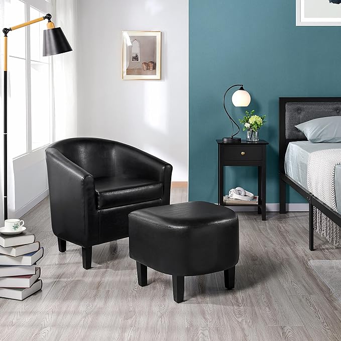 Yaheetech Accent Chair with Ottoman Set, Modern Faux Leather Upholstered Soft Barrel Chair and Footrest, Club Armchair and Footstool for Living Room/Bedroom/Reading Room/Guest Room, Black - LeafyLoom
