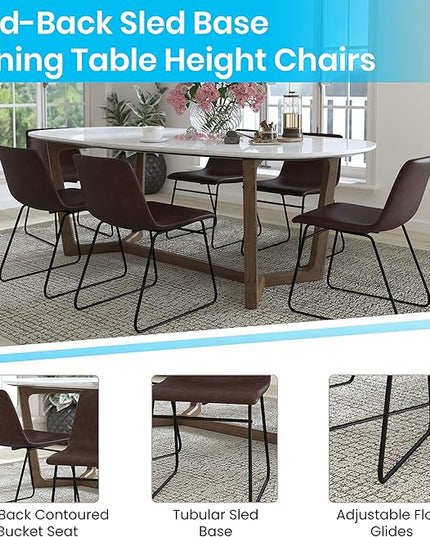 Flash Furniture Butler 18 Inch Commercial Grade LeatherSoft Dining Table Height Chair, Mid-Back Black Sled Base with Dark Brown LeatherSoft Upholstery, Set of 2 - LeafyLoom