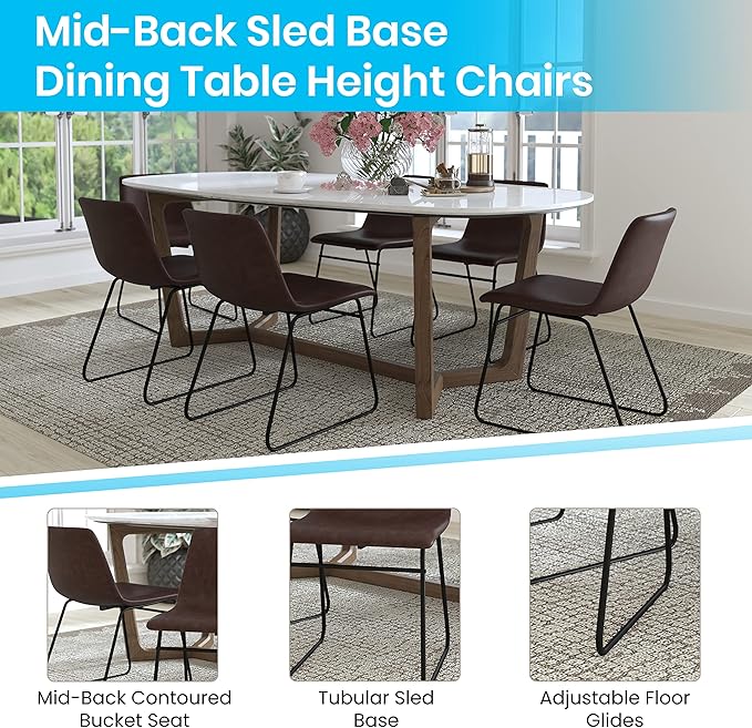 Flash Furniture Butler 18 Inch Commercial Grade LeatherSoft Dining Table Height Chair, Mid-Back Black Sled Base with Dark Brown LeatherSoft Upholstery, Set of 2 - LeafyLoom