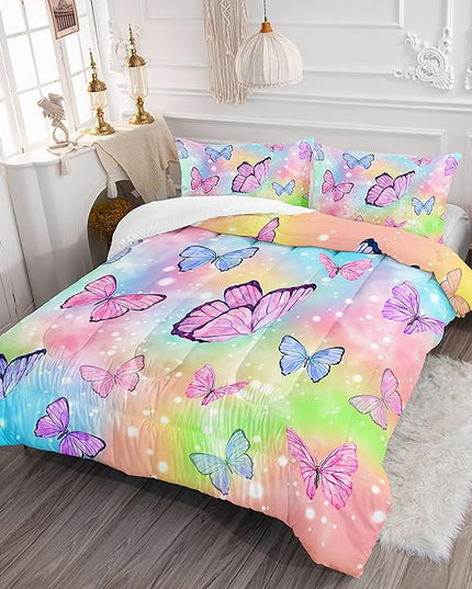 Datura home Bedding Comforter Set Rainbow Watercolor Printed Pattern Quilt Bedding Set with 1 Comforter and 2 Pillowcases for Girls Bedroom All Season(Butterfly Watercolor Twin) - LeafyLoom