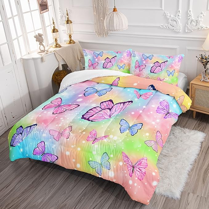 Datura home Bedding Comforter Set Rainbow Watercolor Printed Pattern Quilt Bedding Set with 1 Comforter and 2 Pillowcases for Girls Bedroom All Season(Butterfly Watercolor Twin) - LeafyLoom