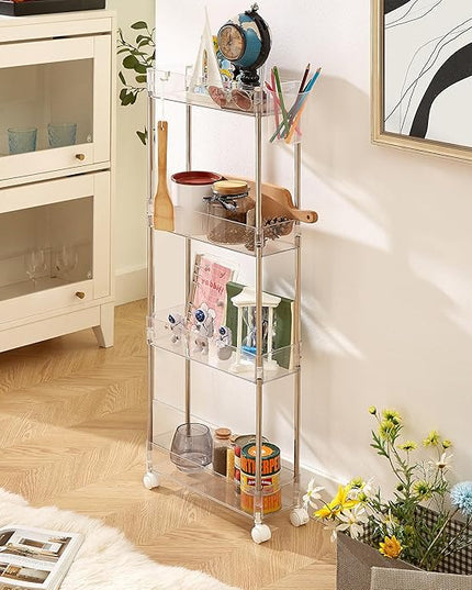 VECELO Acrylic 4-Tier Rolling Storage Cart,Multifunction Slim Utility Clear Cart Kitchen Storage Organizer,Mobile Cart with Lockable Wheels Hooks&Bucket for Home Office,Clear - LeafyLoom