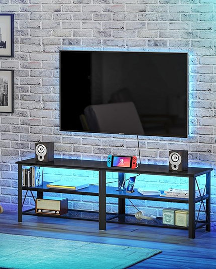Clikuutory Modern Black 63 inch Metal TV Stand with LED Lights and Power Outlets for 40 50 55 60 65 70 Inch TVs, 3 Tier Television Stands with Entertainment Center and Storage for Living Room, Bedroom - LeafyLoom