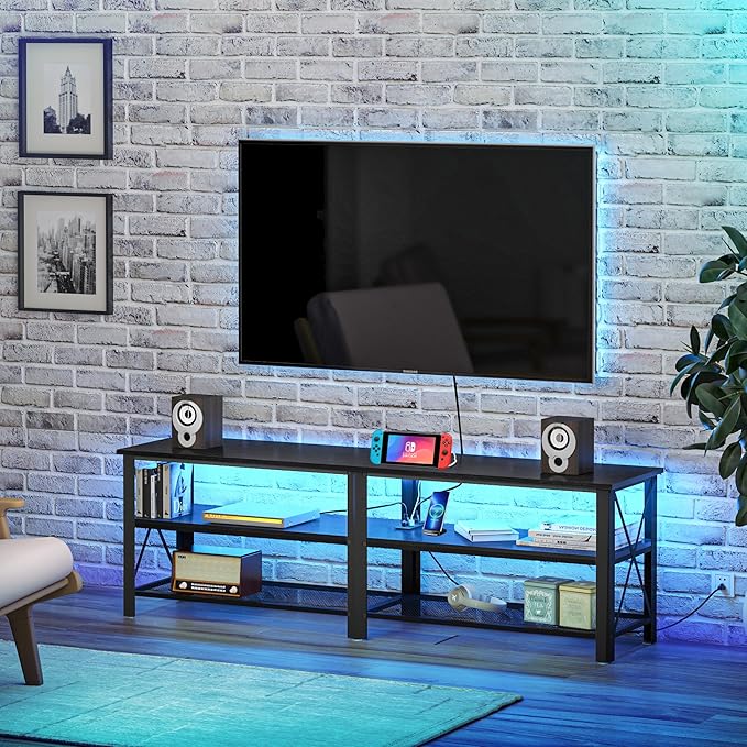 Clikuutory Modern Black 63 inch Metal TV Stand with LED Lights and Power Outlets for 40 50 55 60 65 70 Inch TVs, 3 Tier Television Stands with Entertainment Center and Storage for Living Room, Bedroom - LeafyLoom