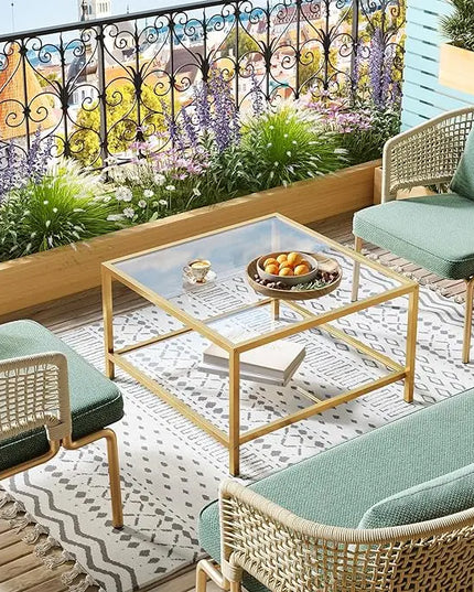SAYGOER Glass Coffee Table with Storage 2-Tier Square Glass Center Table for Living Room Home Office with Gold Metal Frame Modern Table for Small Spaces - LeafyLoom