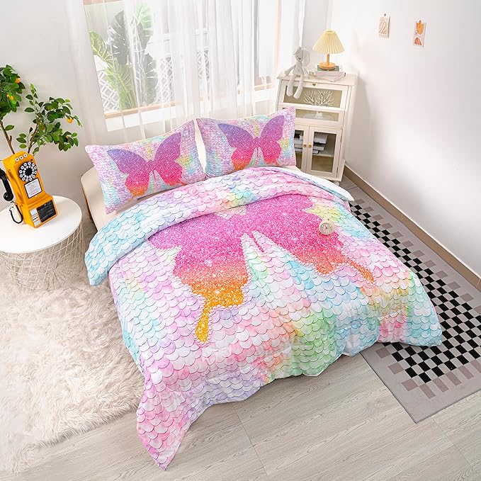 CVHOUSE Butterfly Bedding Set,Butterfly Comforter King,Butterfly Comforter Set for Girls Kids Teens,Butterflies Quilt Set with 1 Comforter and 2 Pillow Cases- 3 Piece - LeafyLoom