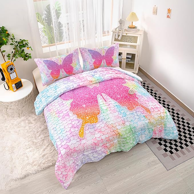 CVHOUSE Butterfly Bedding Set,Butterfly Comforter Twin,Butterfly Comforter Set for Girls Kids Teens,Butterflies Quilt Set with 1 Comforter and 2 Pillow Cases- 3 Piece - LeafyLoom