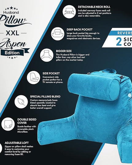 Husband Pillow XXL Aspen Edition - Adult Reading Sit Up Bed Rest Pillow for Bed with Arms & Neck Roll on Bungee Cord - Premium Memory Foam - Reversible 2 Sided Cover Micro Suede or Plush, Rodeo Blue - LeafyLoom