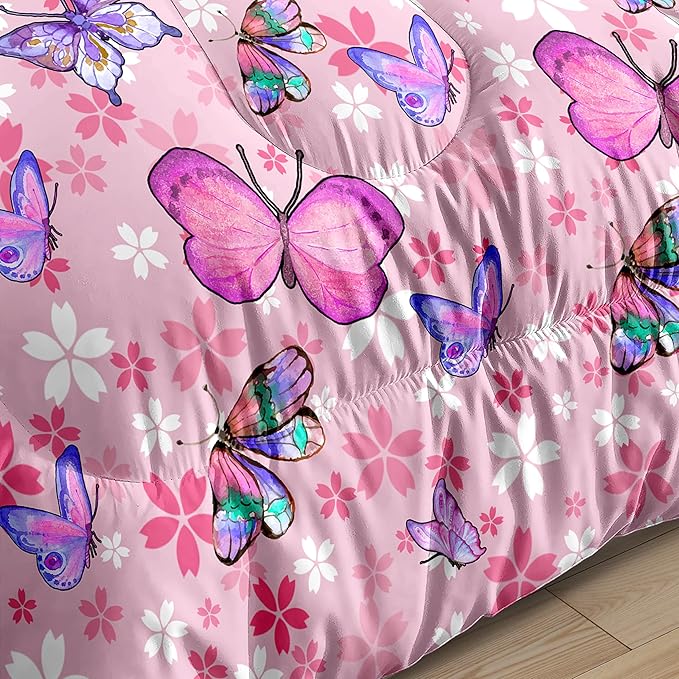 Kids Butterfly Comforter Set - Butterfly Twin Bedding Set Pink Butterflies Prints Bedding Set for Girls Room Cute Princess Bedding Sets for All Season Butterfly Bed Set, 1 Comforter + 1 Pillowcase - LeafyLoom