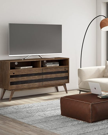 SIMPLIHOME Clarkson SOLID ACACIA WOOD 54 Inch Wide Mid Century Design TV Media Stand in Rustic Natural Aged Brown for TVs up to 60 Inches, For the Living Room and Entertainment Center - LeafyLoom